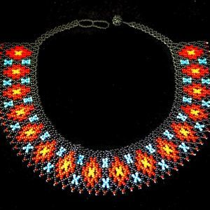 New handmade okama beaded necklace medium red blue black